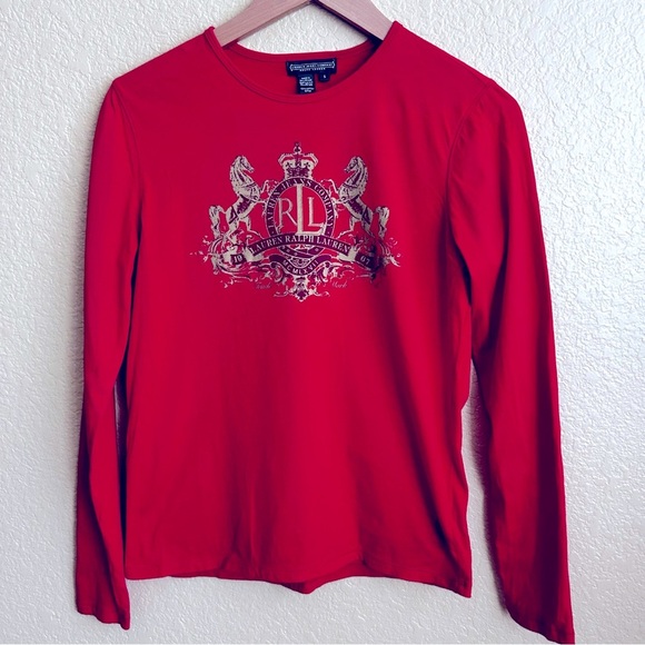 Ralph Lauren Jeans Co Red Long Sleeve Graphic Tee - Picture 1 of 7